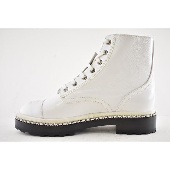 Chanel 18K White Pearl CC Chain Around Combat Lace Up Tie Ankle Short Boots 37 - Picture 12 of 15